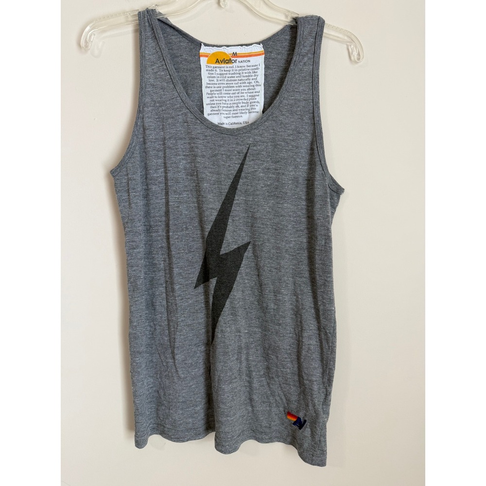 Aviator Nation Tank Top Womens Medium Gray Lightning Bolt Sleeveless Graphic Tee